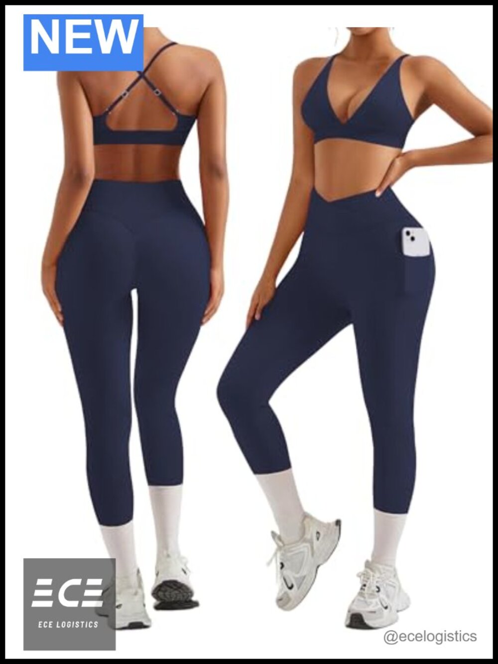 2 Piece Workout Set Strappy Sports Bra Scrunch Leggings Pockets Yoga Gym